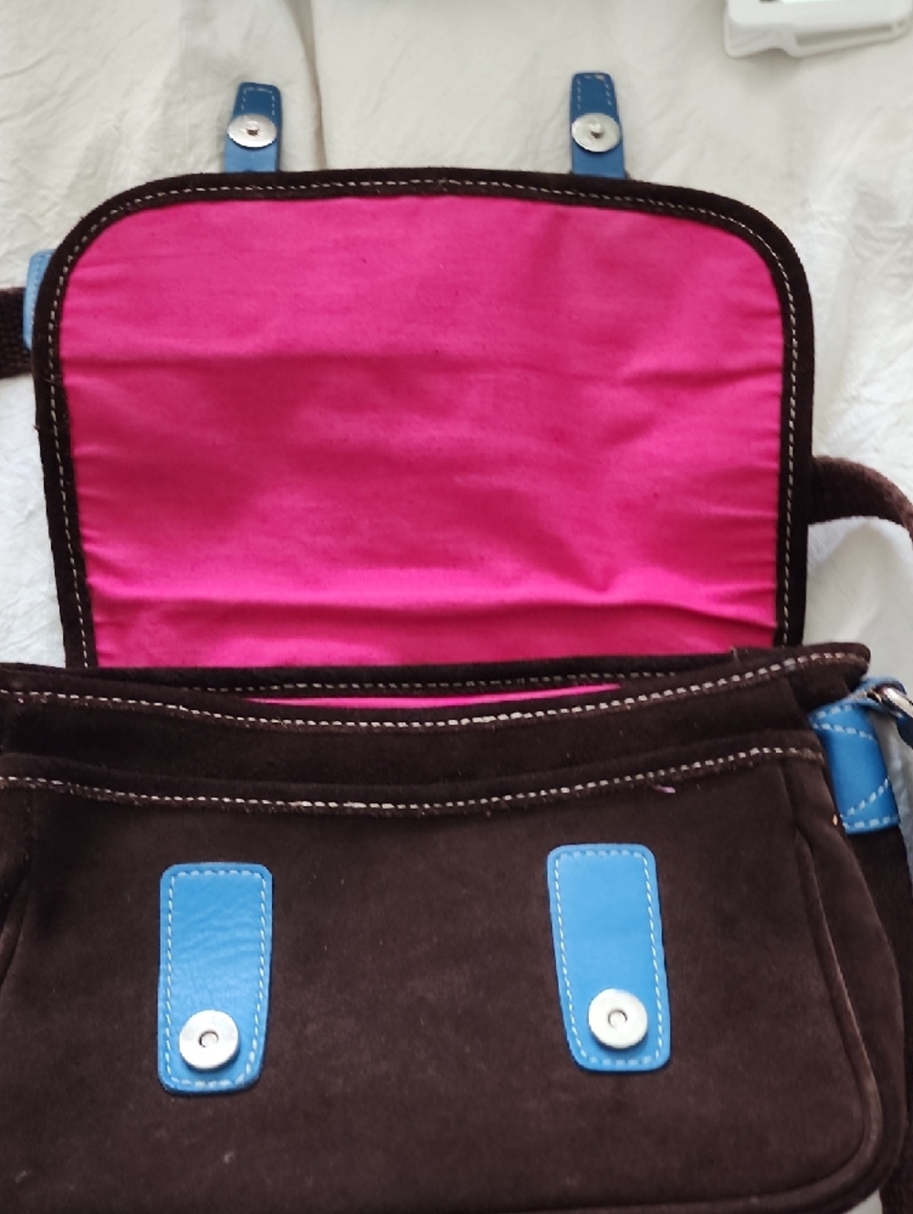 Brown Suede Crossbody Bag with Blue Trim - Picture 5 of 14